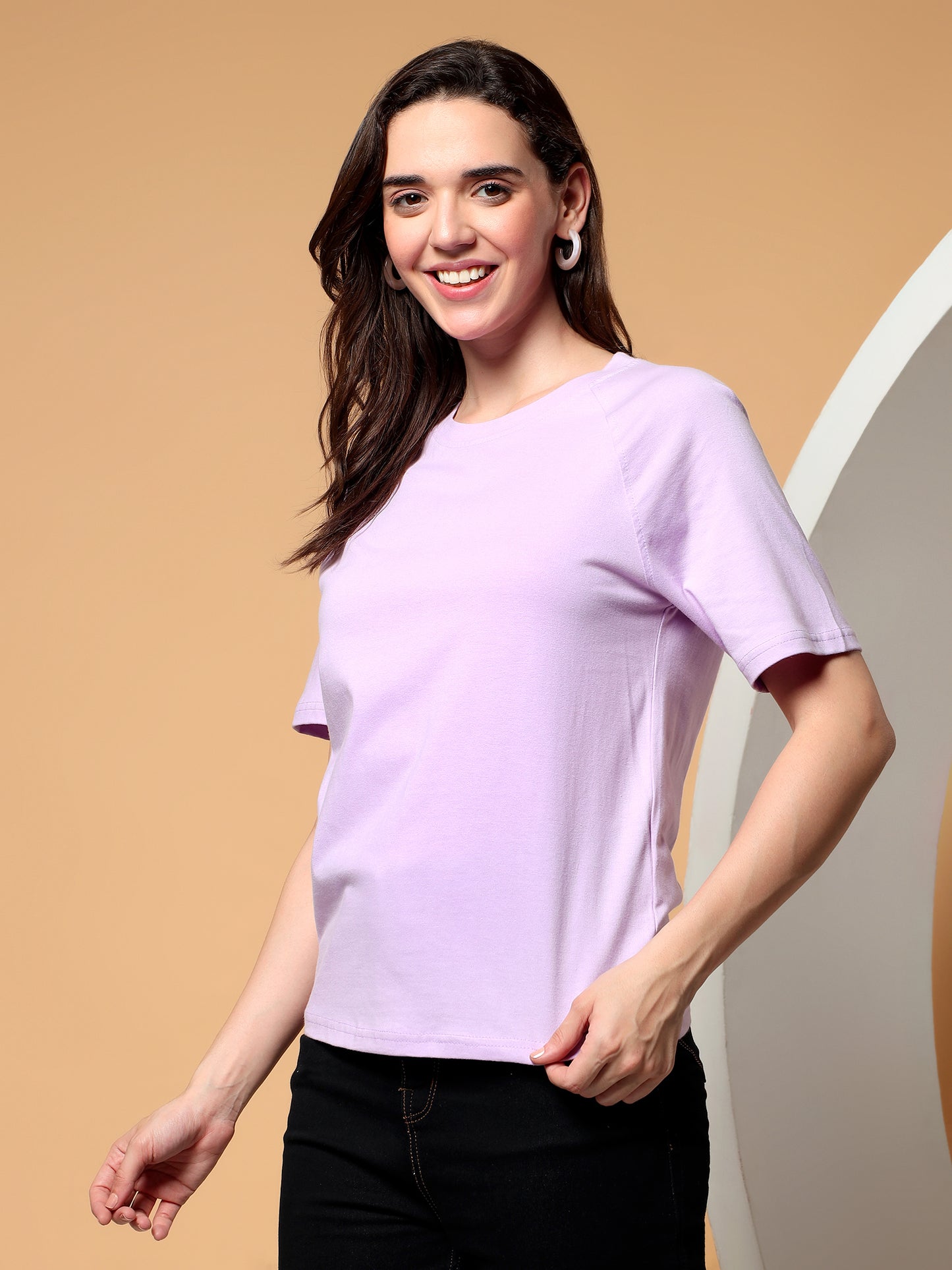 BRINNS Women Solid Raglan Sleeves Round Neck Cotton T-shirt