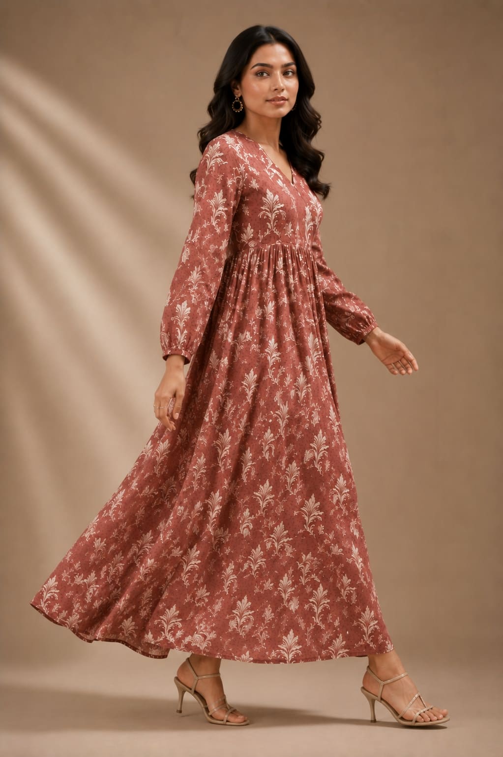 Printed Puff Sleeves Maxi Dress
