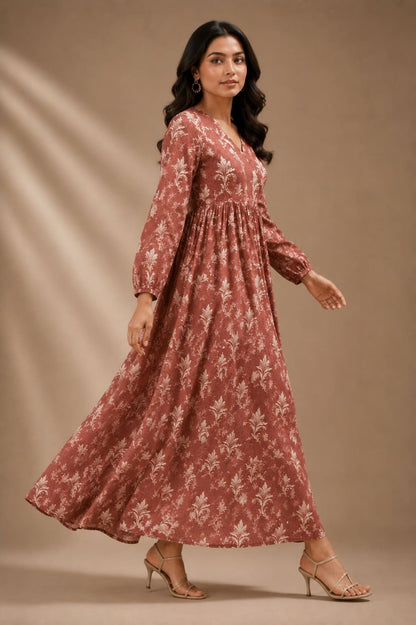 Printed Puff Sleeves Maxi Dress