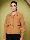 Solid Woven Jacket with Utility Pockets & Spread Collar