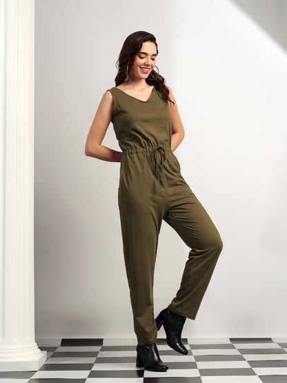 BRINNS Women V-Neck Pure Cotton Jumpsuit with Waist Tie-Up