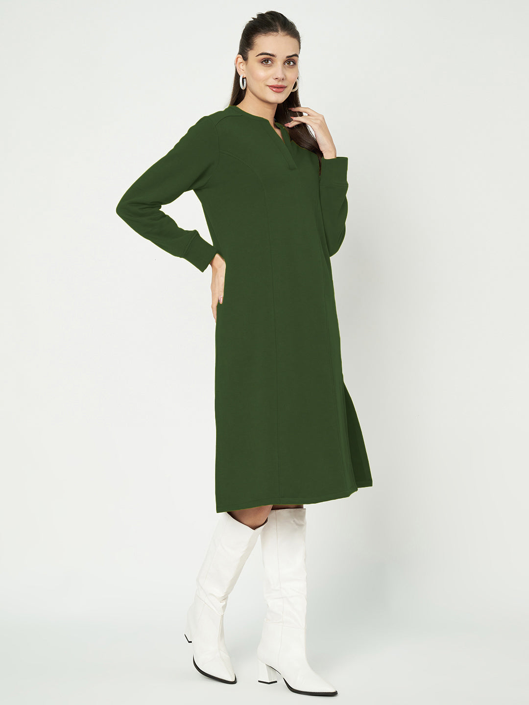 A-Line Dress with V-Neck Split Mandarin Collar