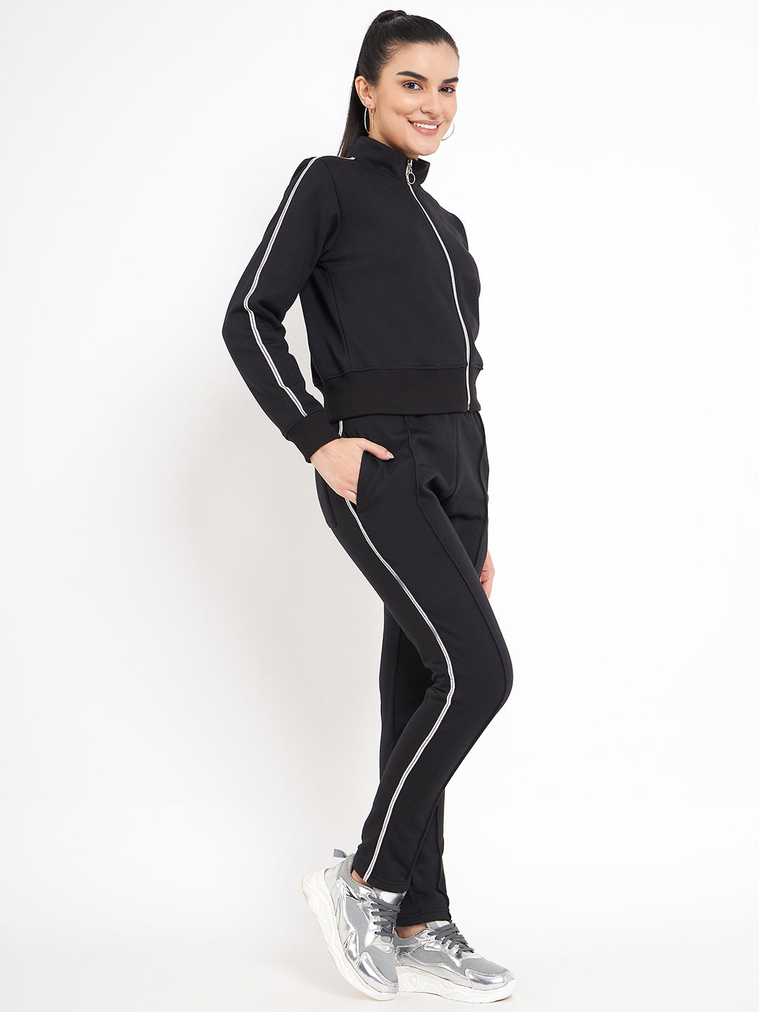 Women Solid Mock Collar Tracksuit
