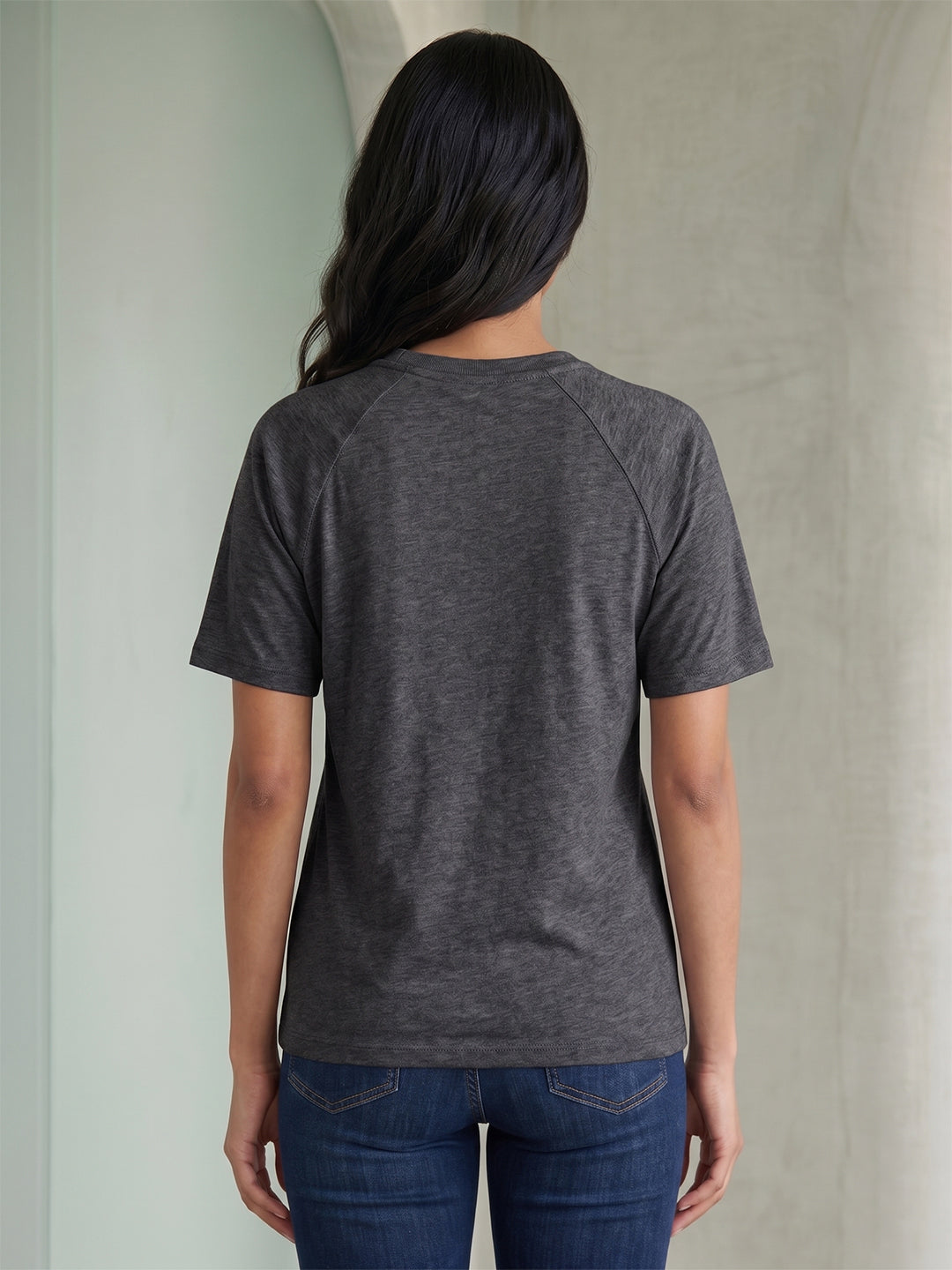 BRINNS Women Solid Raglan Sleeves Round Neck Cotton T-shirt