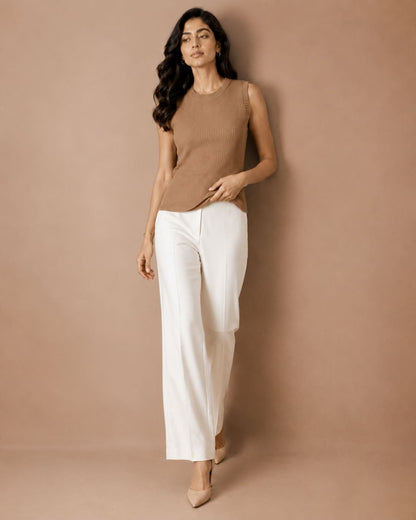 Solid Crew Neck Ribbed Knit Tank Top