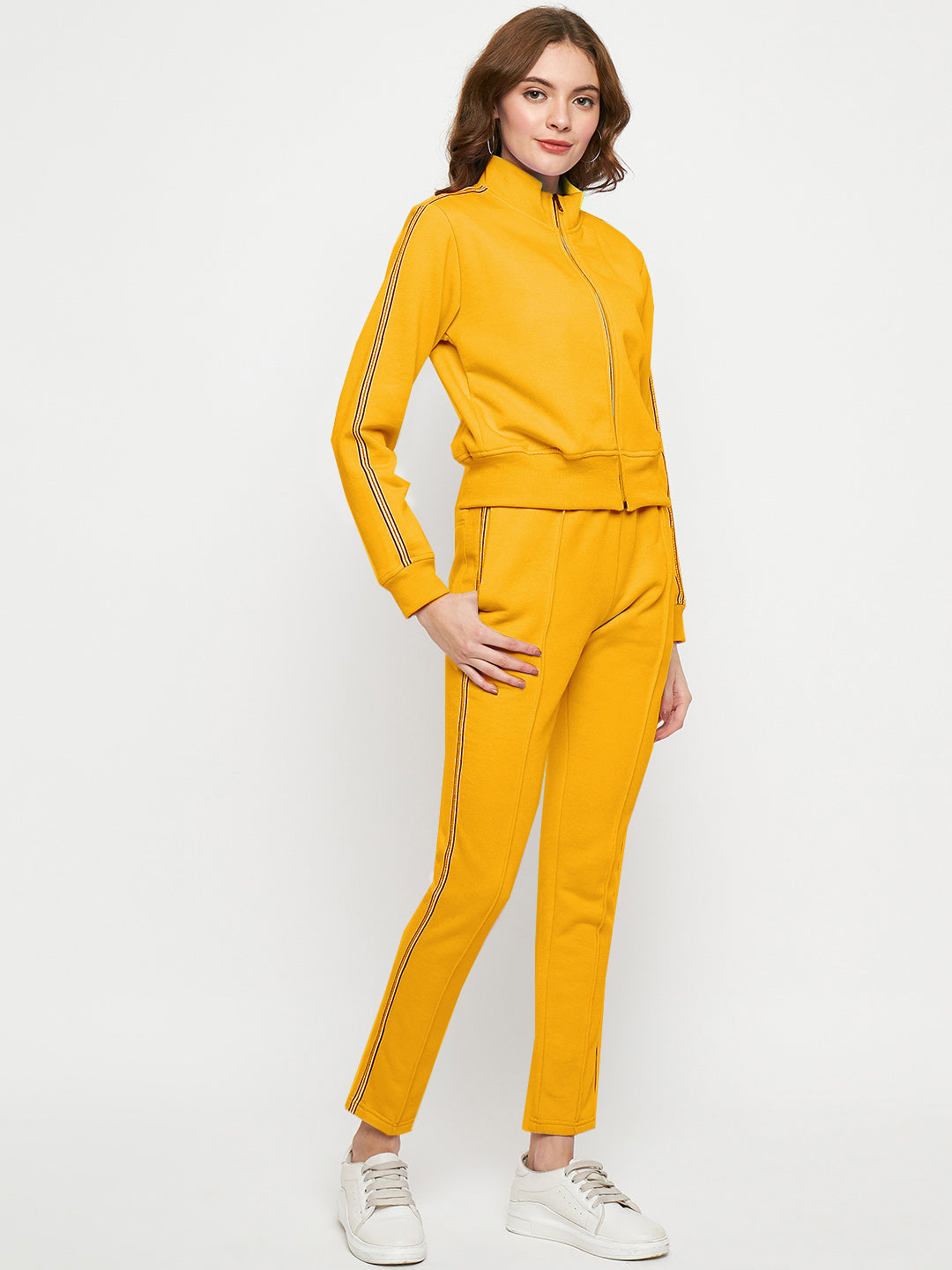Women Solid Mock Collar Tracksuit