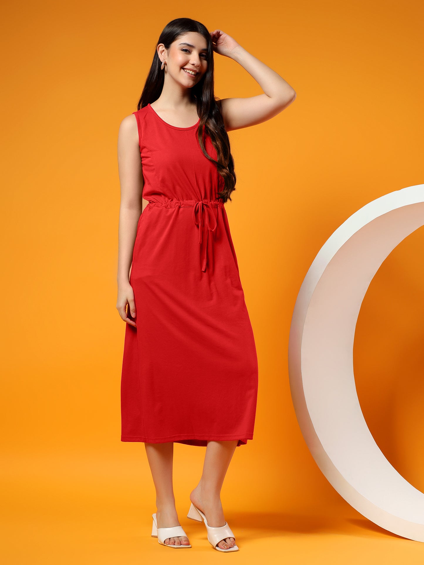 Belted Cotton Fit & Flare Midi Dress
