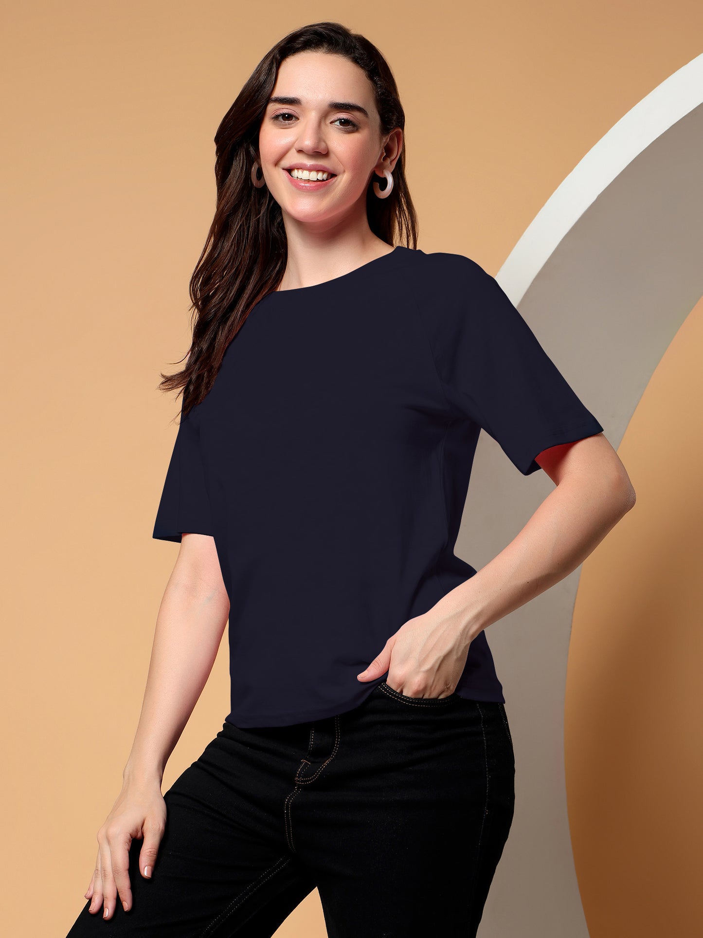 BRINNS Women Solid Raglan Sleeves Round Neck Cotton T-shirt