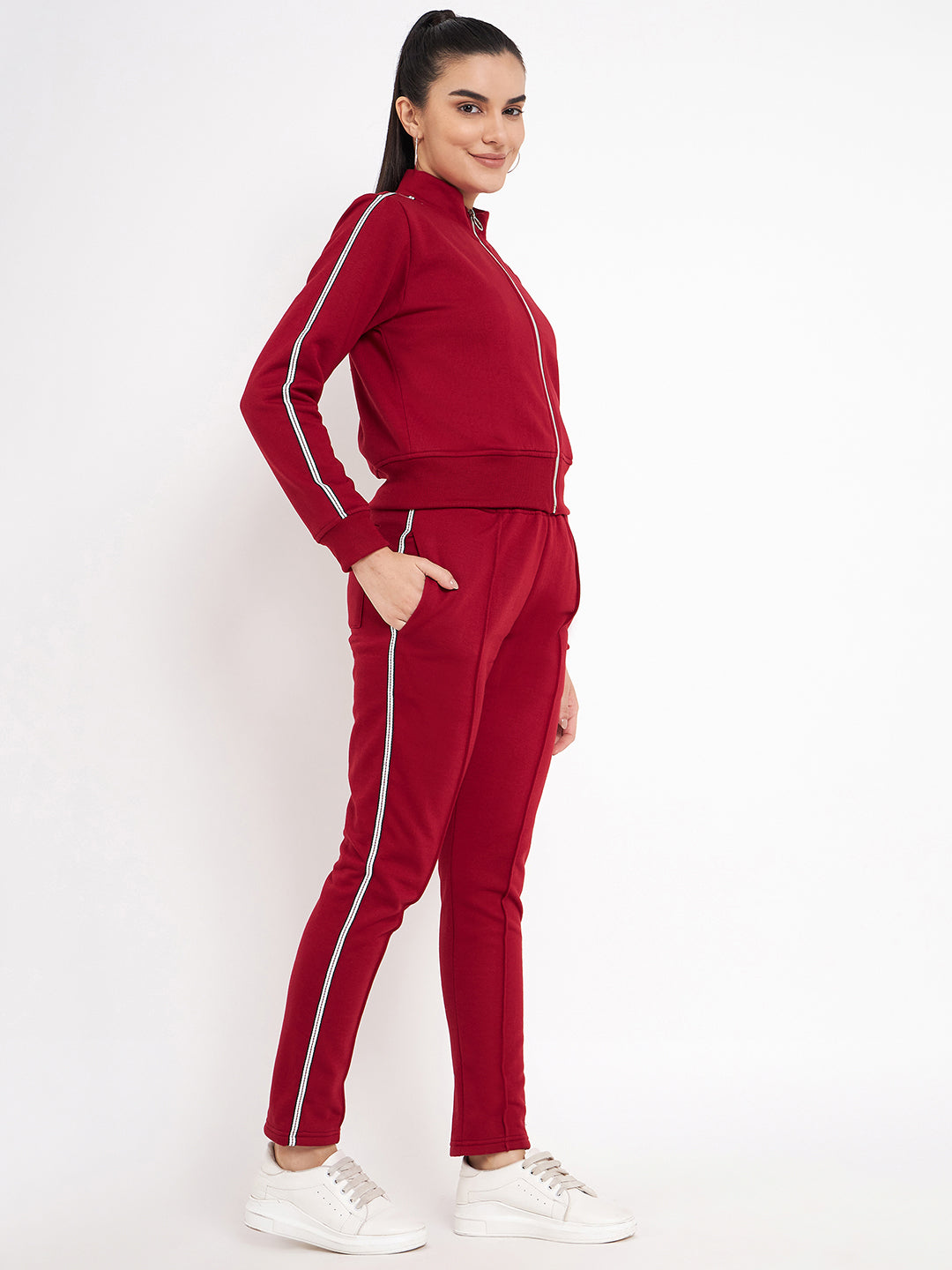 Women Solid Mock Collar Tracksuit