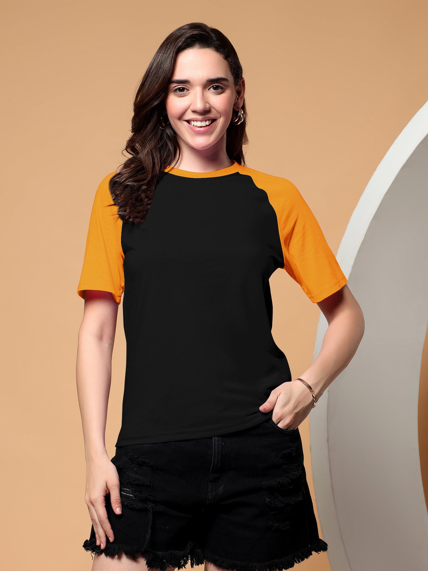 BRINNS Women Solid Raglan Sleeves Round Neck Cotton T-shirt