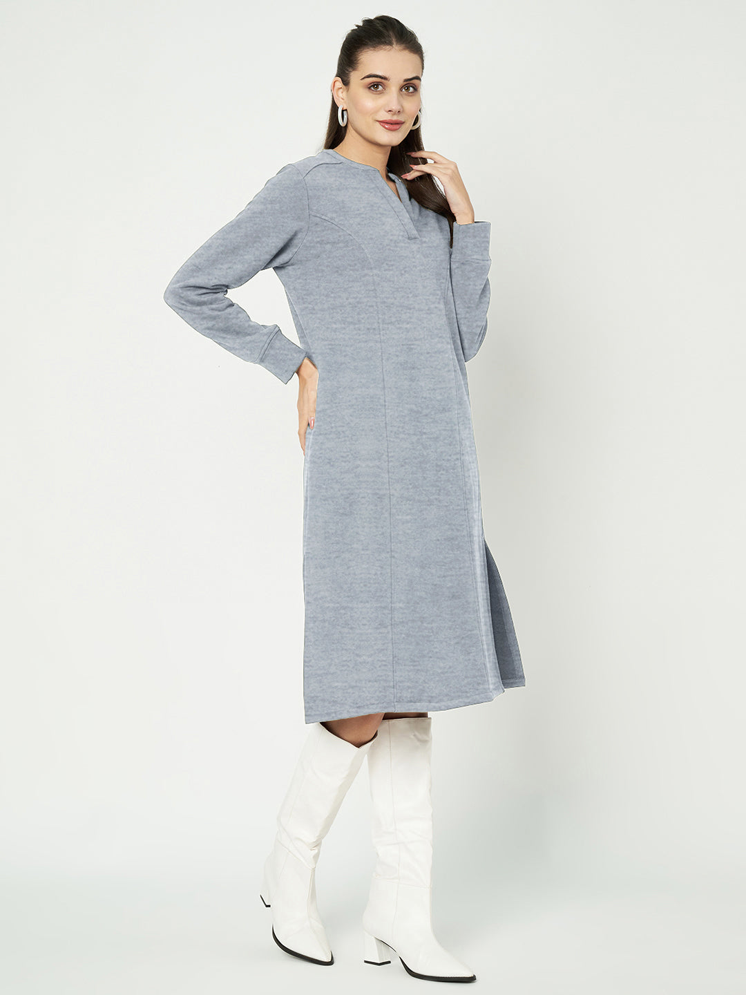 A-Line Dress with V-Neck Split Mandarin Collar