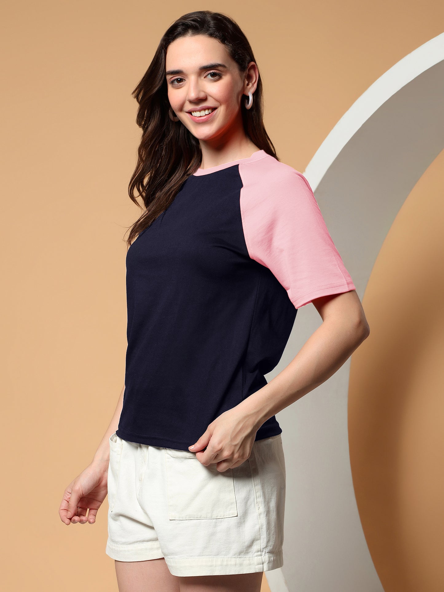 BRINNS Women Solid Raglan Sleeves Round Neck Cotton T-shirt