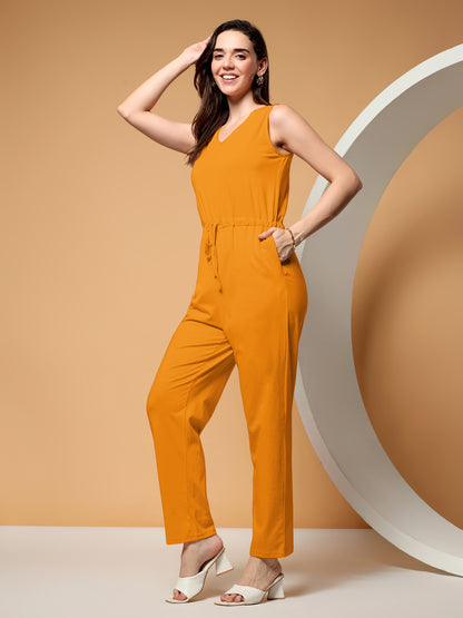 BRINNS Women V-Neck Pure Cotton Jumpsuit with Waist Tie-Up