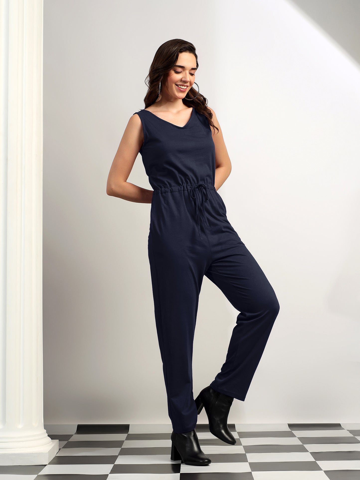 BRINNS Women V-Neck Pure Cotton Jumpsuit with Waist Tie-Up