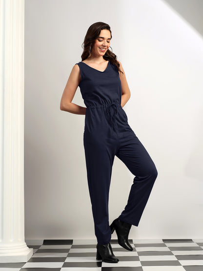 BRINNS Women V-Neck Pure Cotton Jumpsuit with Waist Tie-Up
