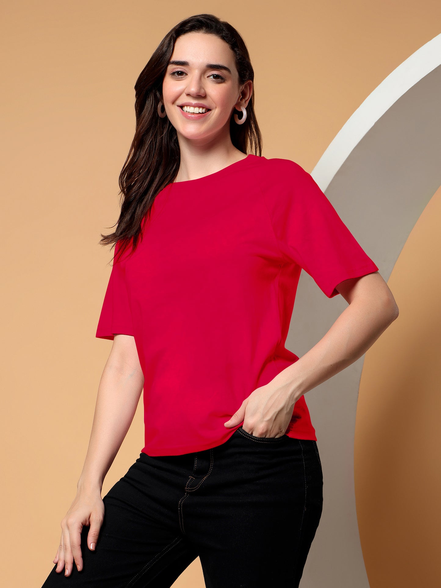 BRINNS Women Solid Raglan Sleeves Round Neck Cotton T-shirt