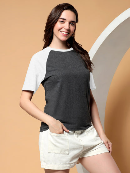 BRINNS Women Solid Raglan Sleeves Round Neck Cotton T-shirt