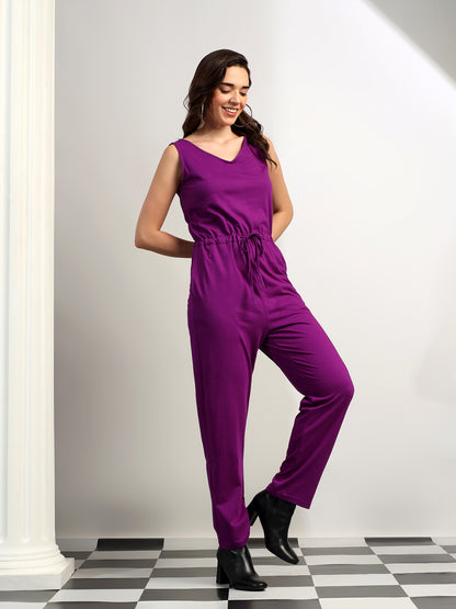 BRINNS Women V-Neck Pure Cotton Jumpsuit with Waist Tie-Up