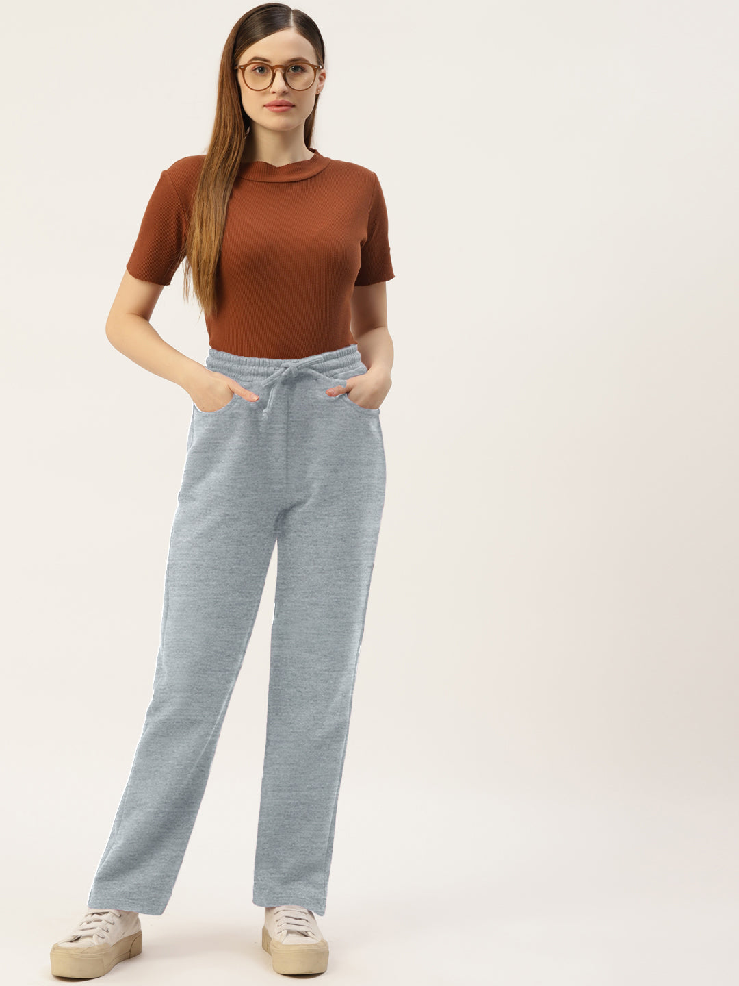 Solid Relaxed Straight Fit PolyCotton Fleece Trousers