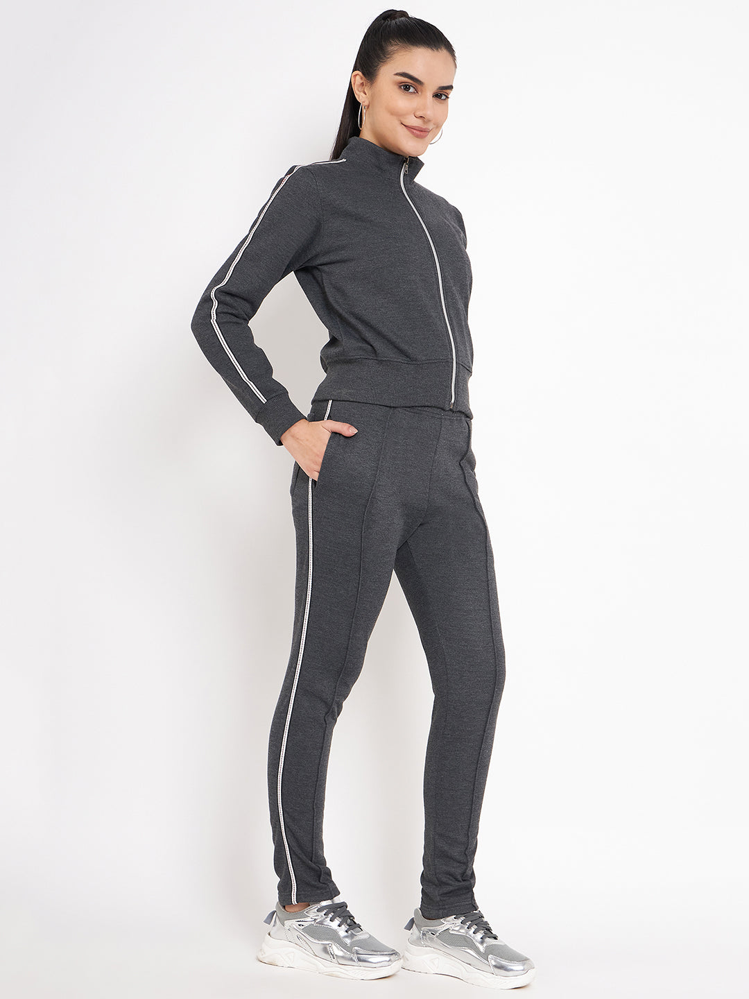 Women Solid Mock Collar Tracksuit