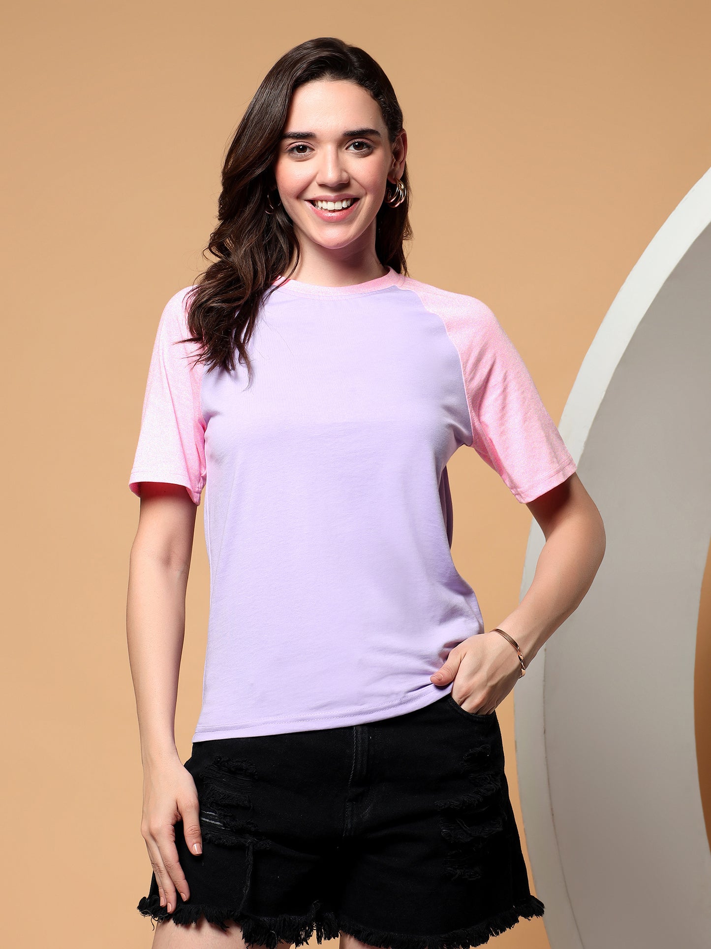 BRINNS Women Solid Raglan Sleeves Round Neck Cotton T-shirt