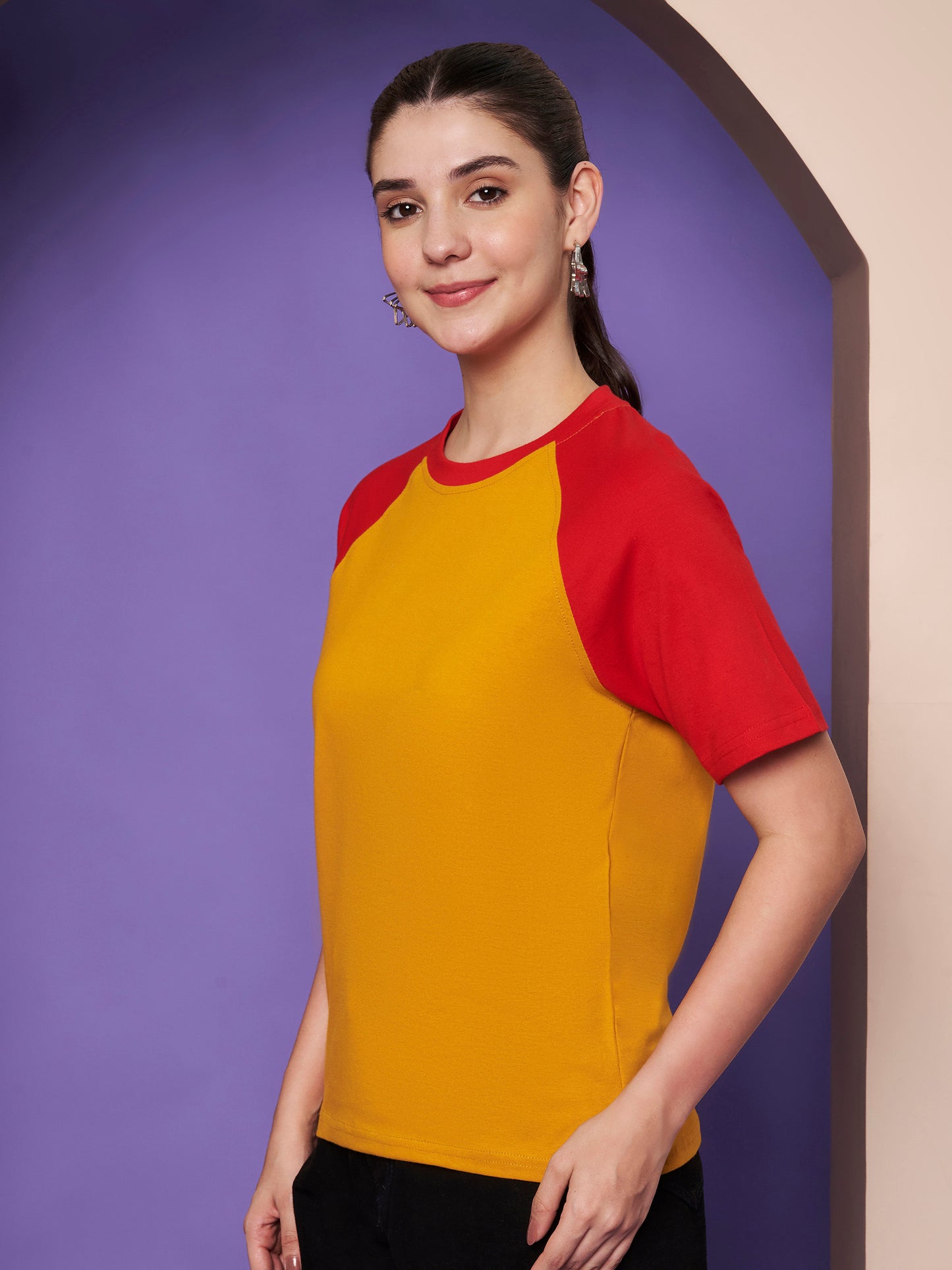 BRINNS Women Solid Raglan Sleeves Round Neck Cotton T-shirt