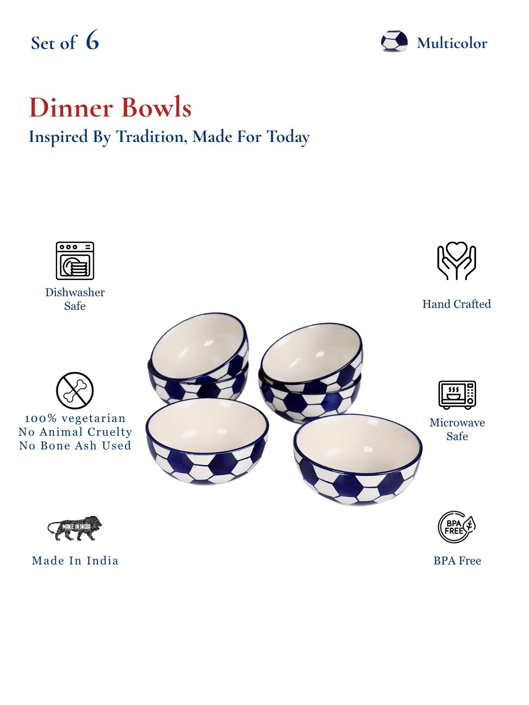Dinner Bowls Set of 6 | Blue |220 ml