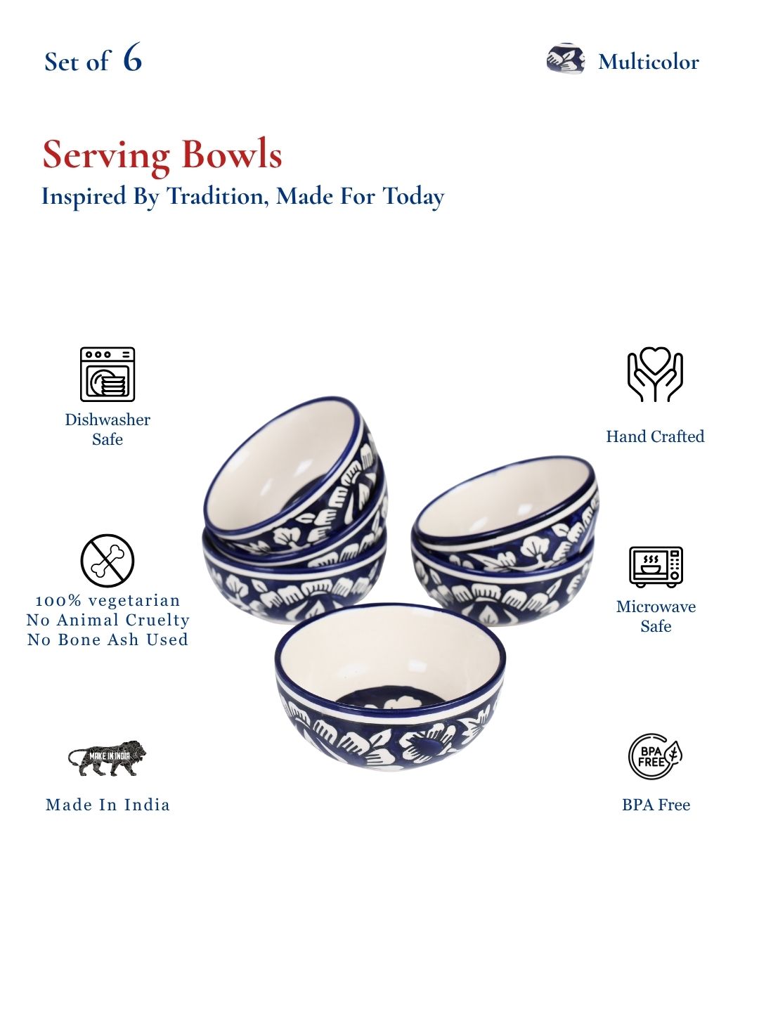 Dinner Bowls Set of 6 | Blue |220 ml