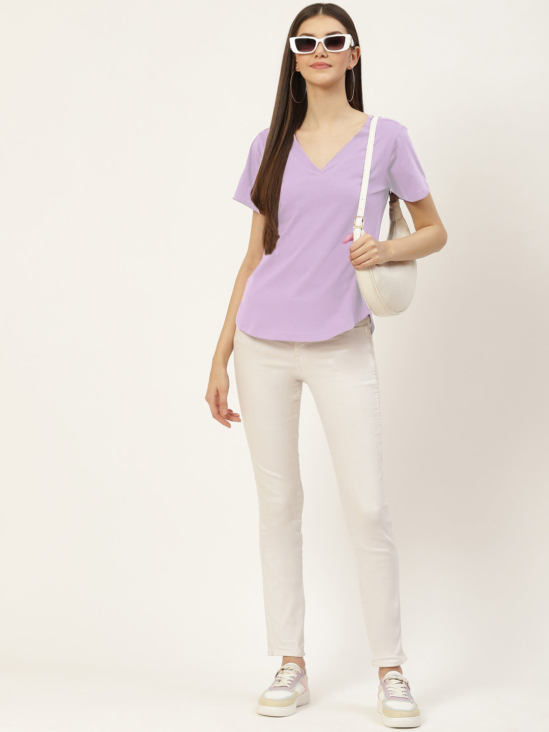 BRINNS Women Solid V-Neck Pure Cotton T-shirt