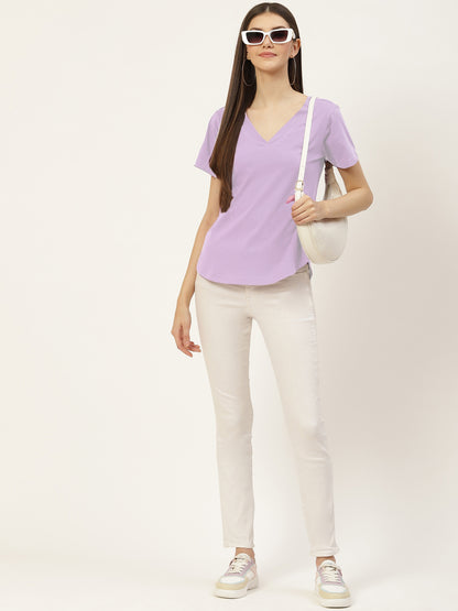 BRINNS Women Solid V-Neck Pure Cotton T-shirt