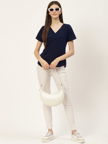 BRINNS Women Solid V-Neck Pure Cotton T-shirt