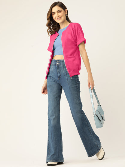 Collarless Solid Fleece Casual Bomber Jacket