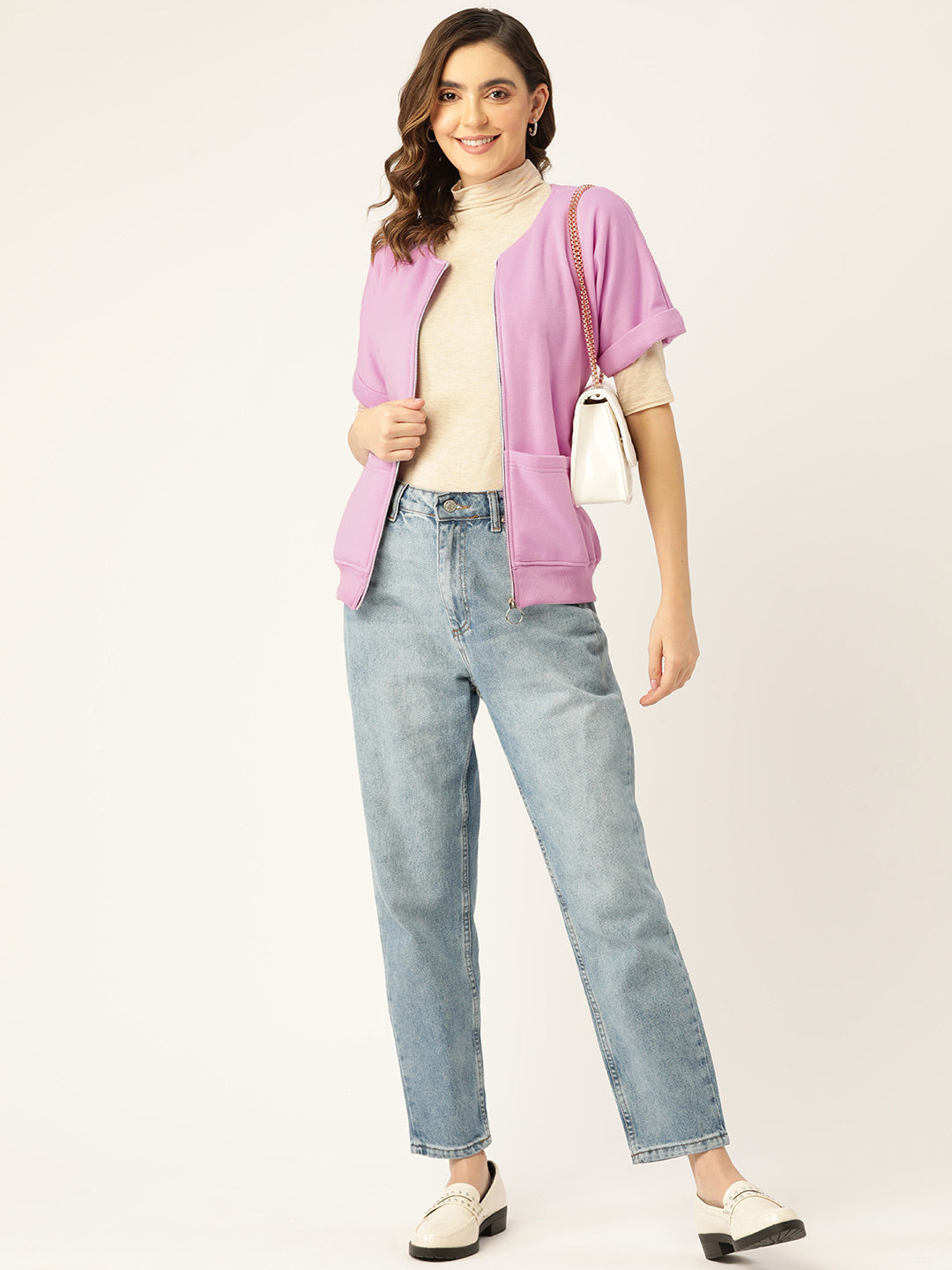 Collarless Solid Fleece Casual Bomber Jacket