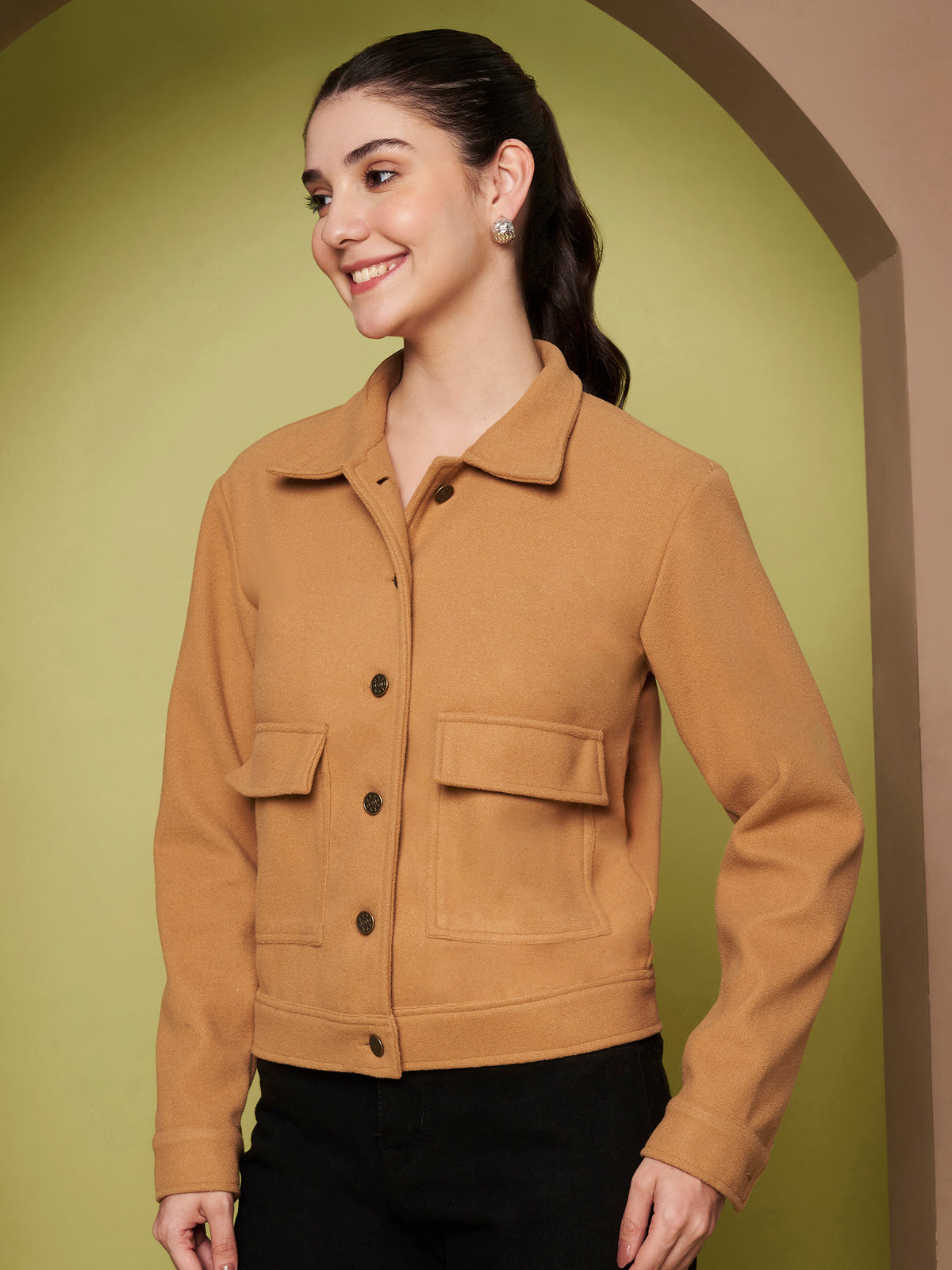 Solid Woven Jacket with Utility Pockets & Spread Collar