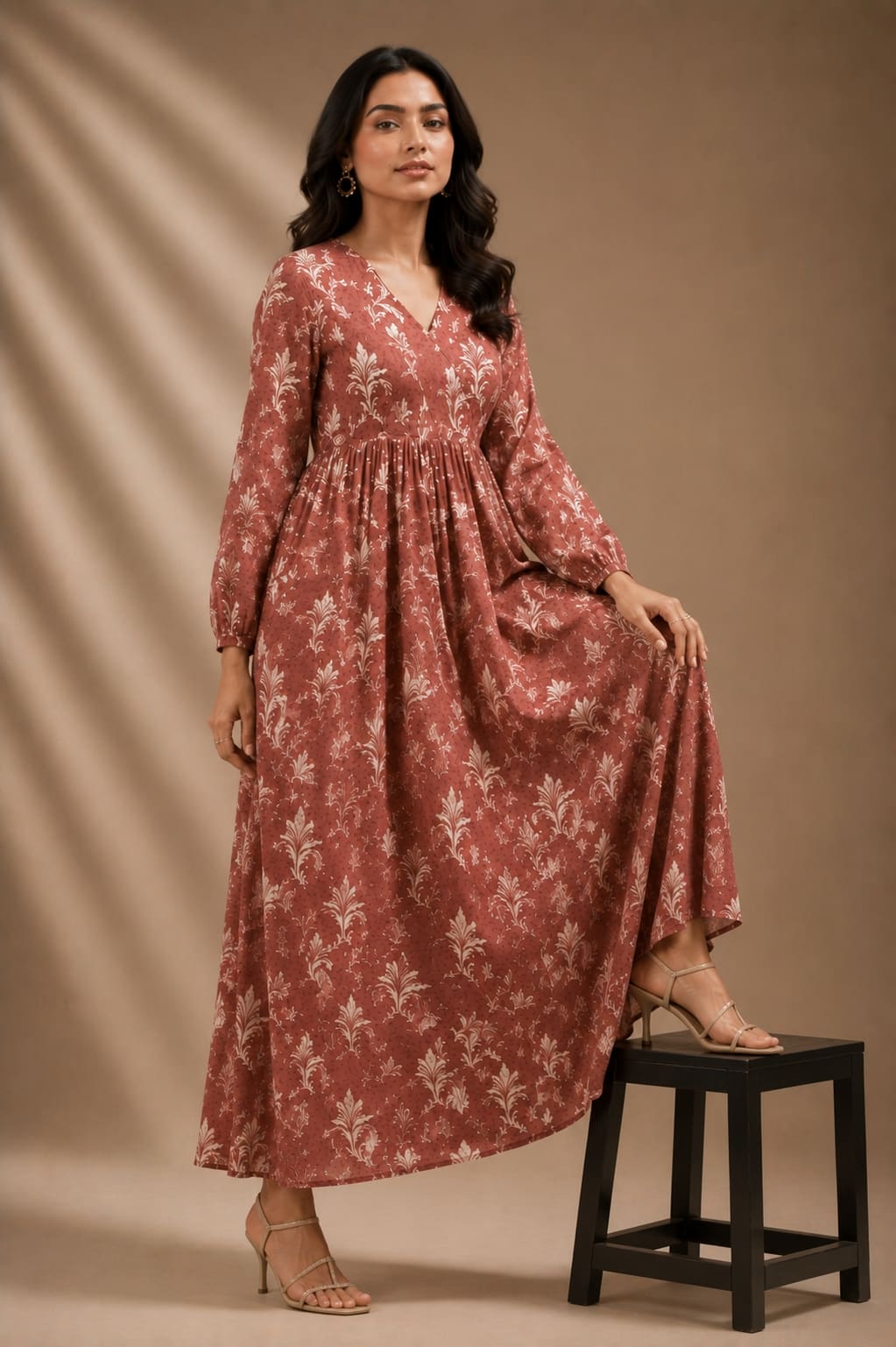 Printed Puff Sleeves Maxi Dress