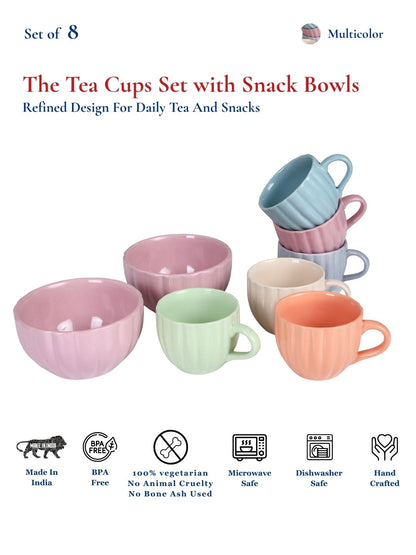 Tea Cups Set of 6 with 2 Snack Bowls | Multicolor | 150 ml