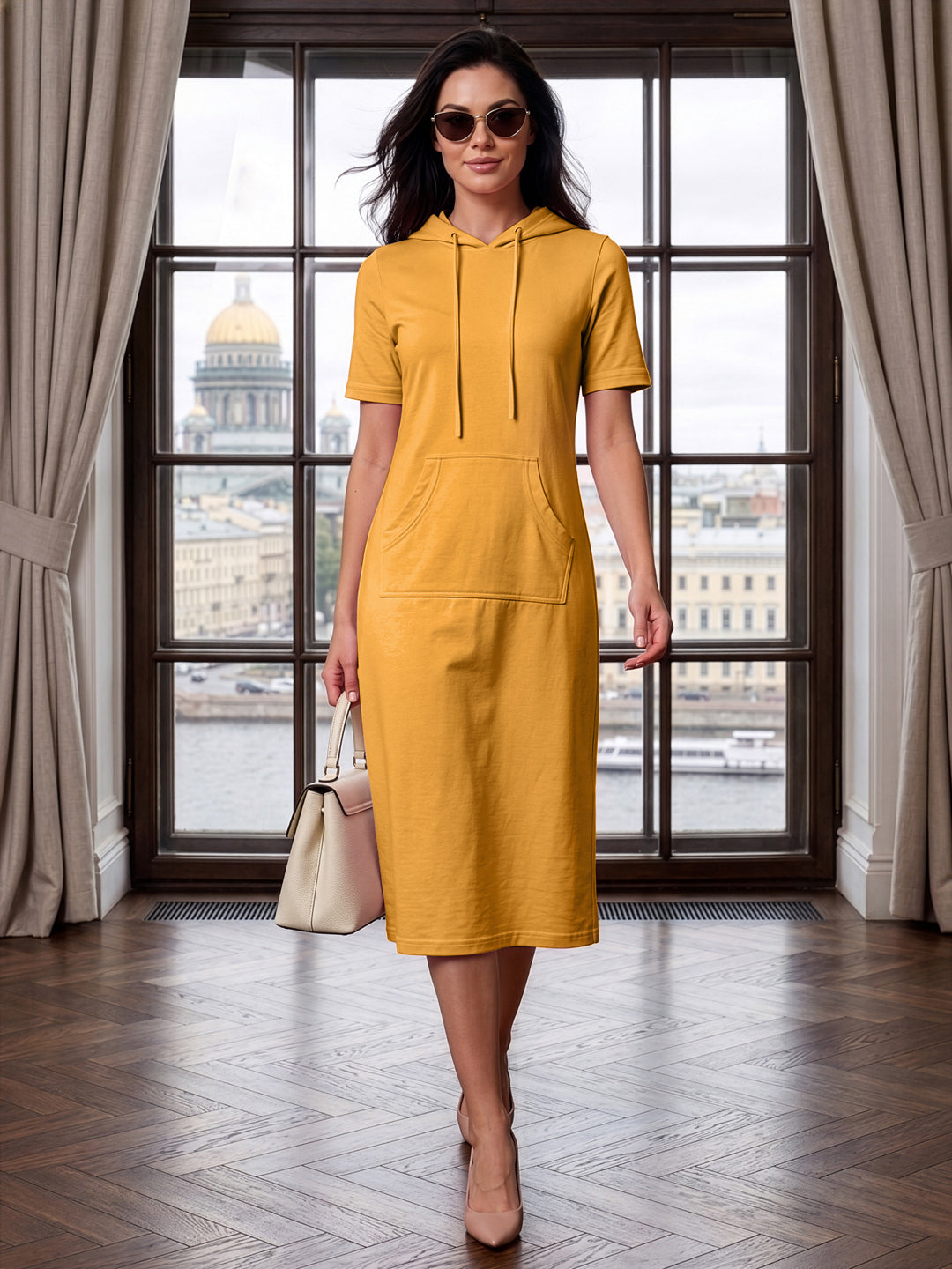 BRINNS Women Hooded Pure Cotton T-shirt Midi Dress