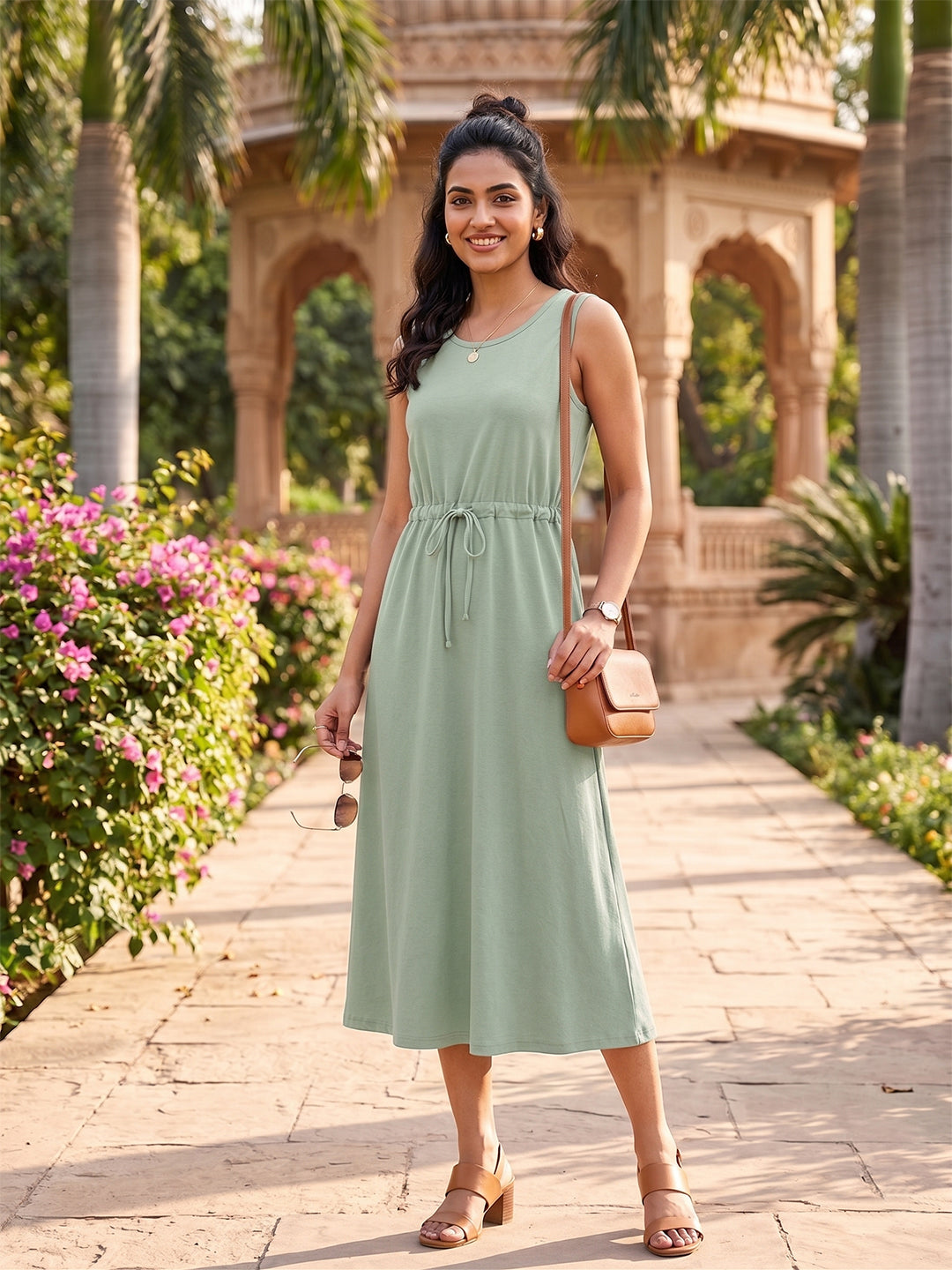 Belted Cotton Fit & Flare Midi Dress