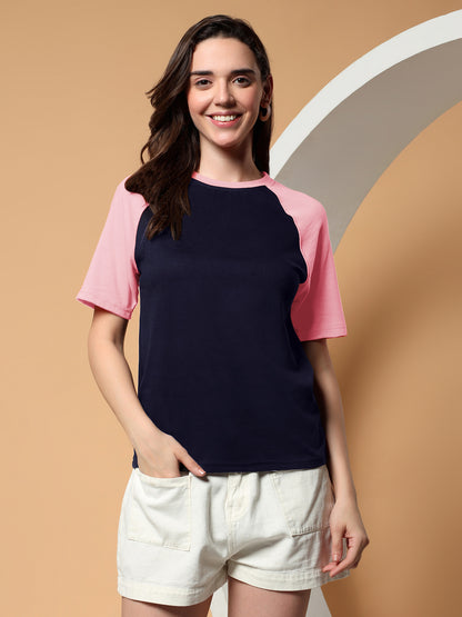 BRINNS Women Solid Raglan Sleeves Round Neck Cotton T-shirt