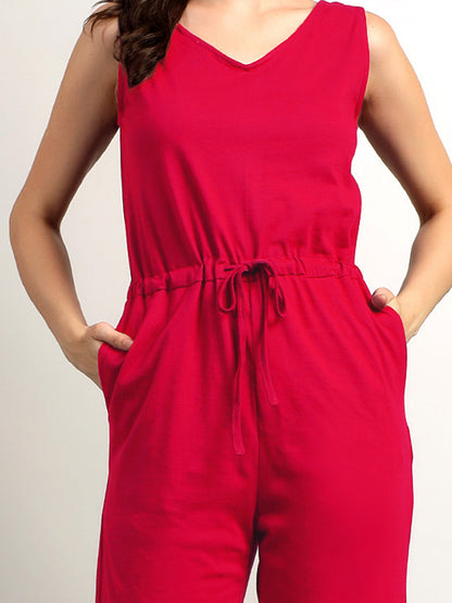 BRINNS Women V-Neck Pure Cotton Jumpsuit with Waist Tie-Up