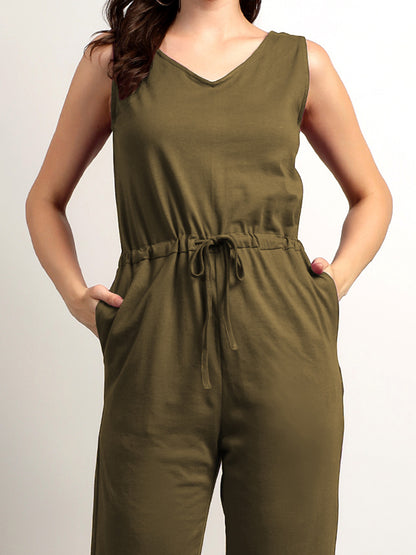 BRINNS Women V-Neck Pure Cotton Jumpsuit with Waist Tie-Up