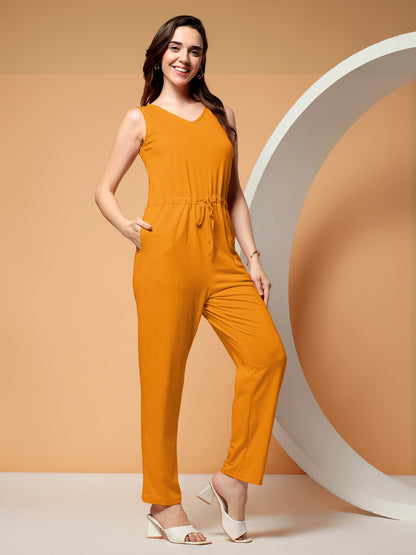 BRINNS Women V-Neck Pure Cotton Jumpsuit with Waist Tie-Up