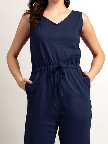 BRINNS Women V-Neck Pure Cotton Jumpsuit with Waist Tie-Up