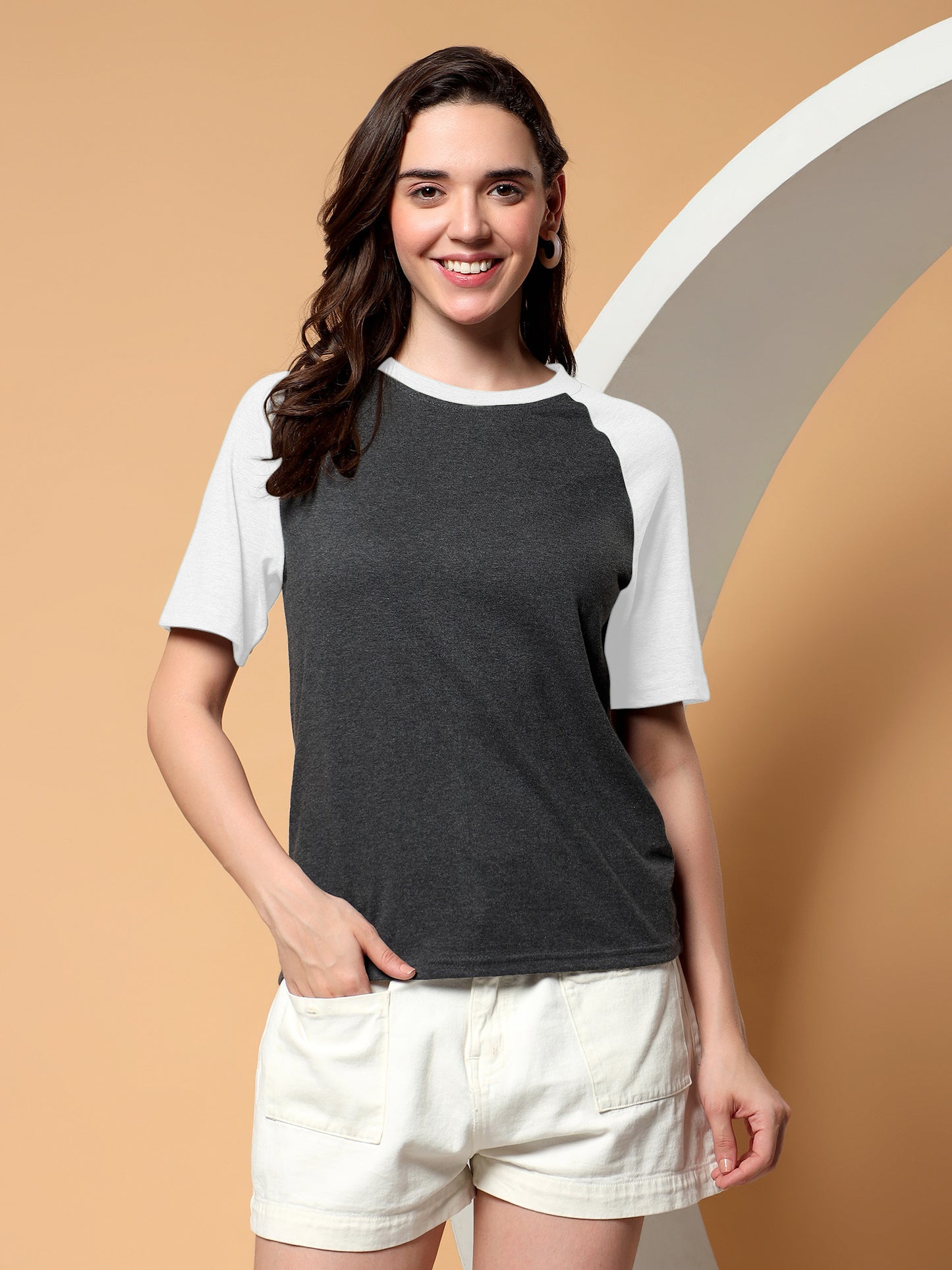 BRINNS Women Solid Raglan Sleeves Round Neck Cotton T-shirt
