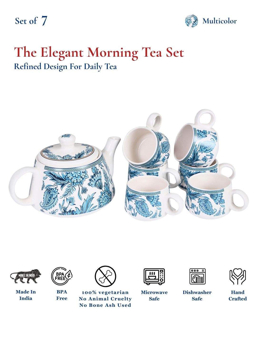 Tea Set | Printed | Kettle (1200 ml) & 6 Cups (200 ml)