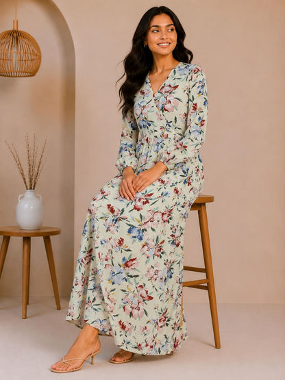 Printed Puff Sleeves Maxi Dress