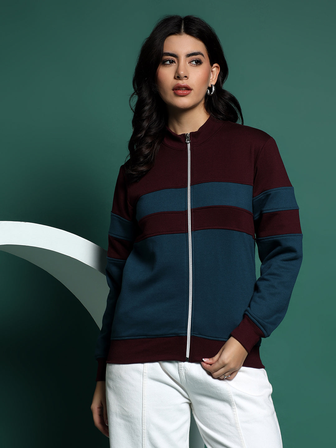 Colourblocked Stand Collar Zip-Up Fleece Jacket