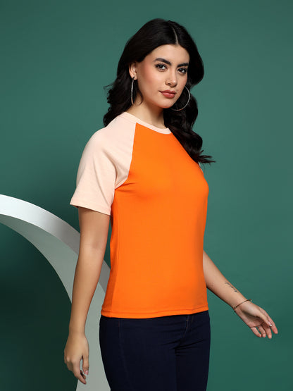BRINNS Women Solid Raglan Sleeves Round Neck Cotton T-shirt