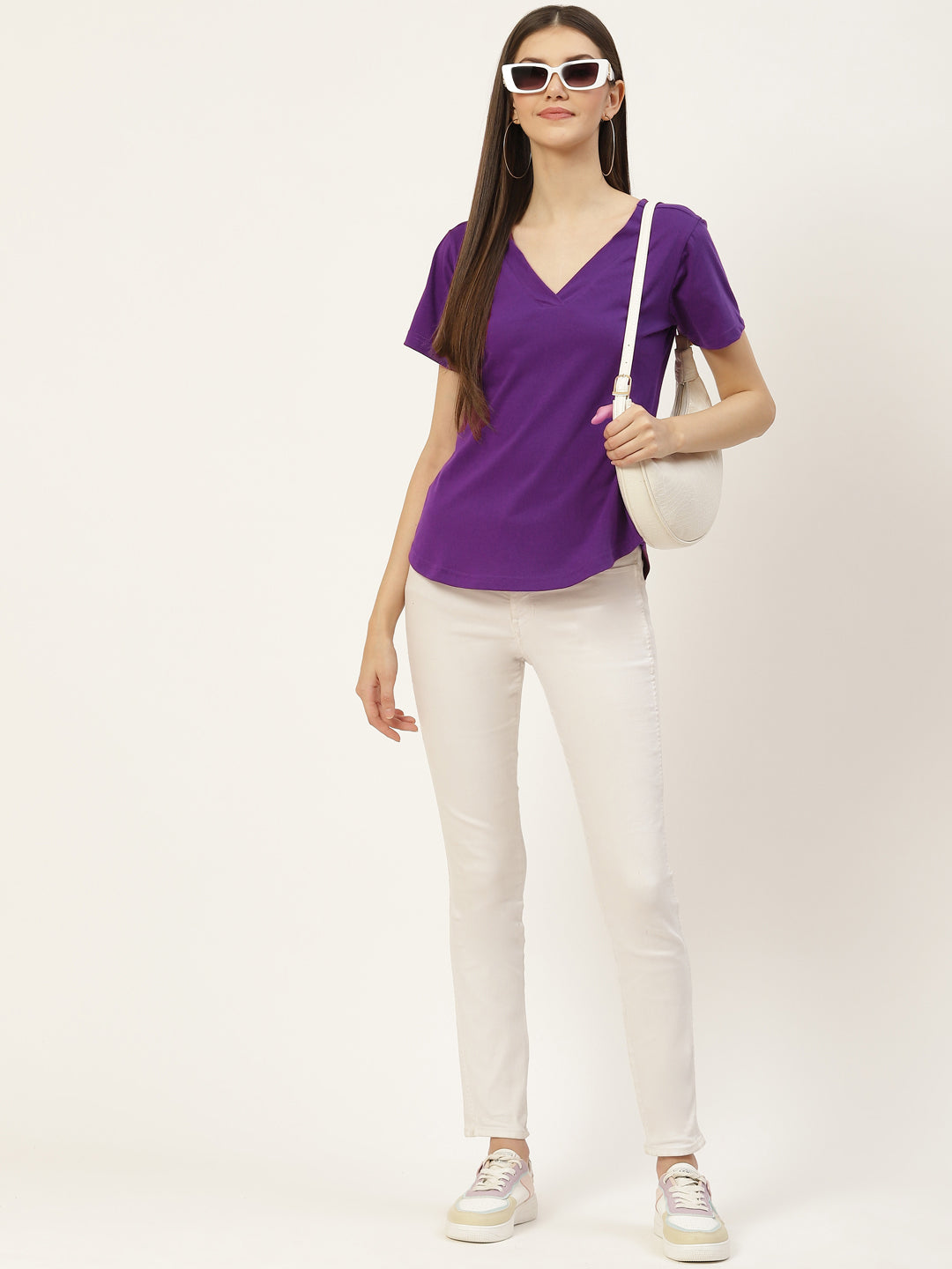 BRINNS Women Solid V-Neck Pure Cotton T-shirt