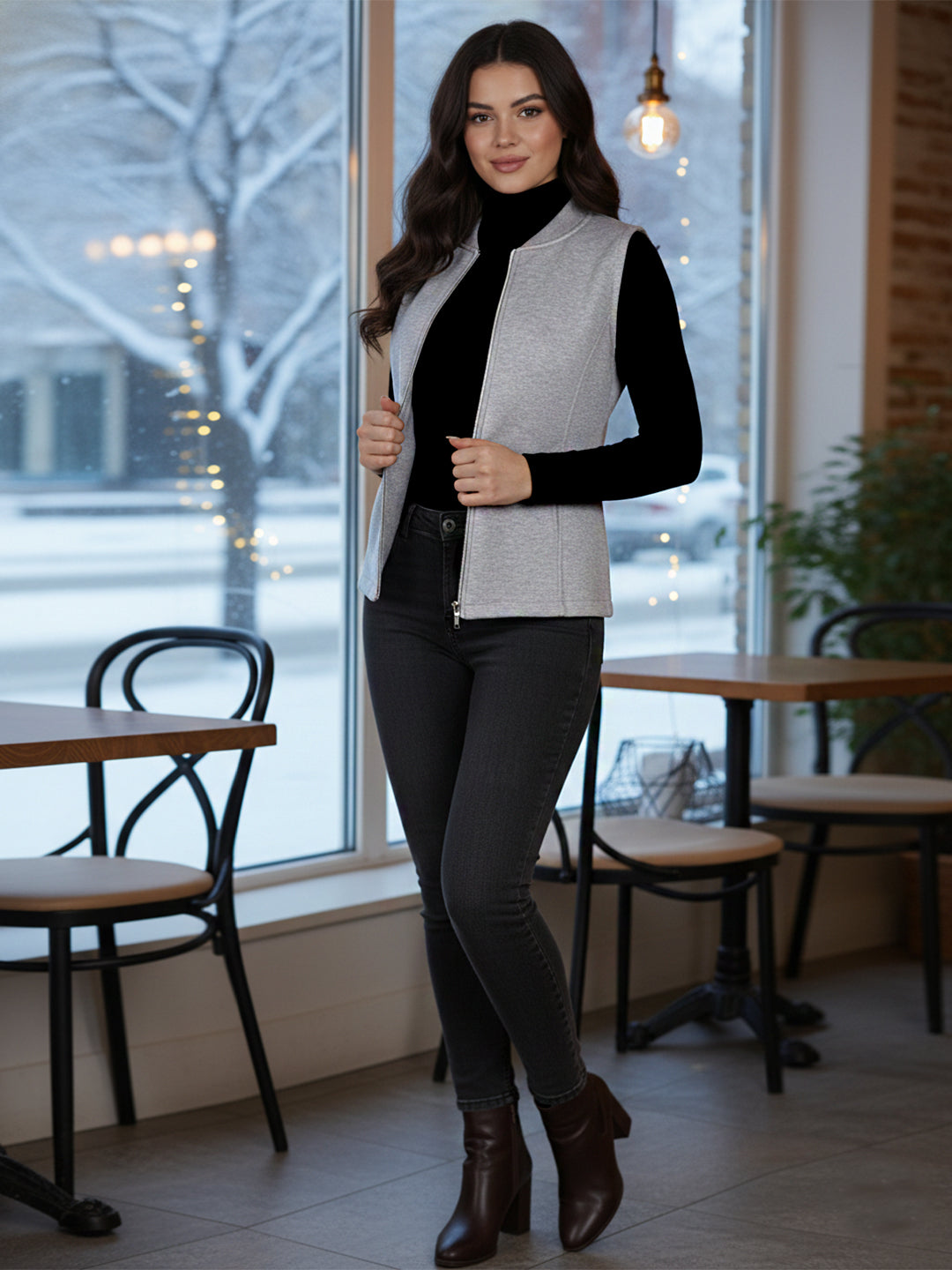 Henley Collar Sleeveless Fleece Zip Detail Tailored Jacket